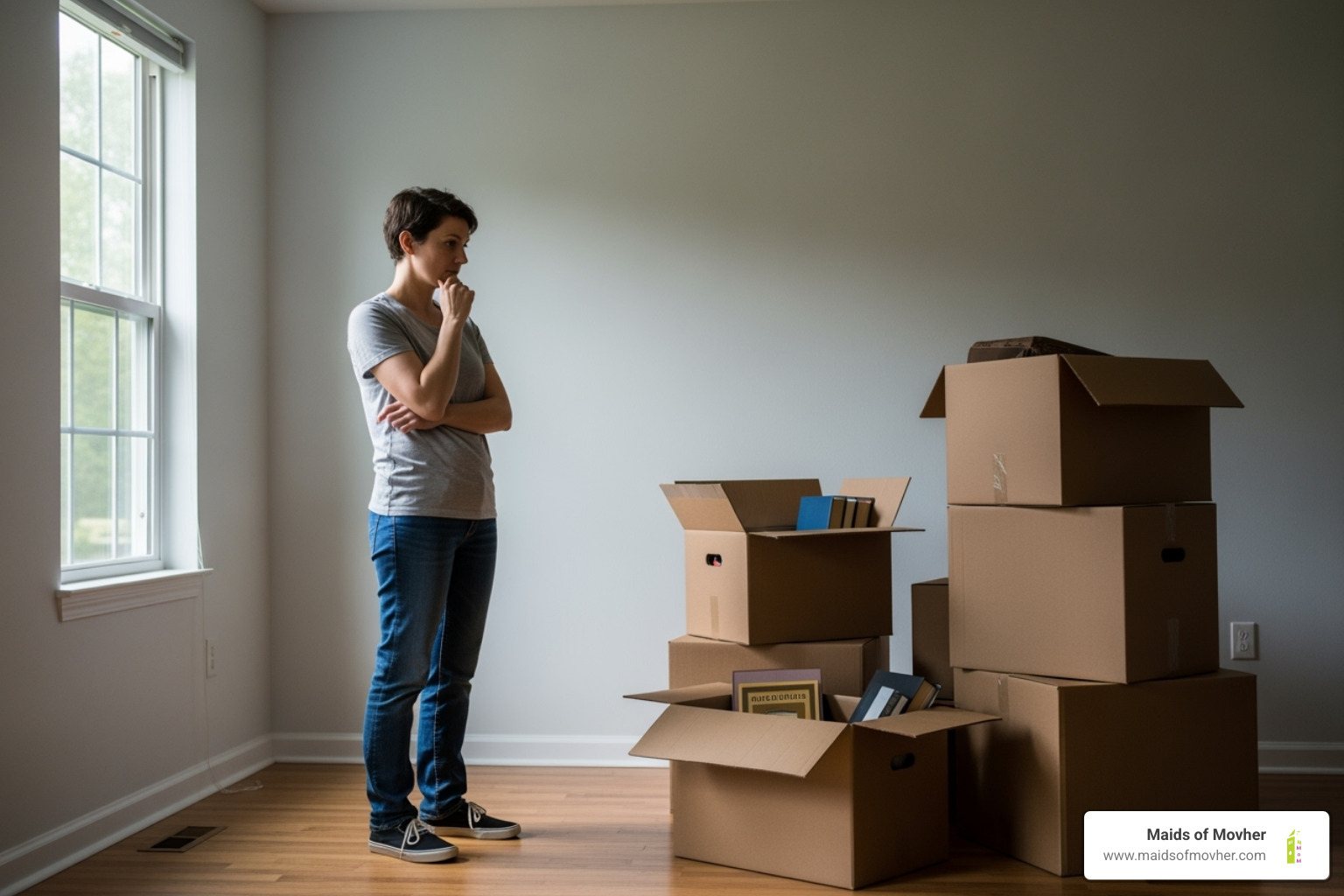 person looking thoughtful in an empty room with moving boxes - move-in deep cleaning washington person looking thoughtful in an empty room with moving boxes - move-in deep cleaning washington
