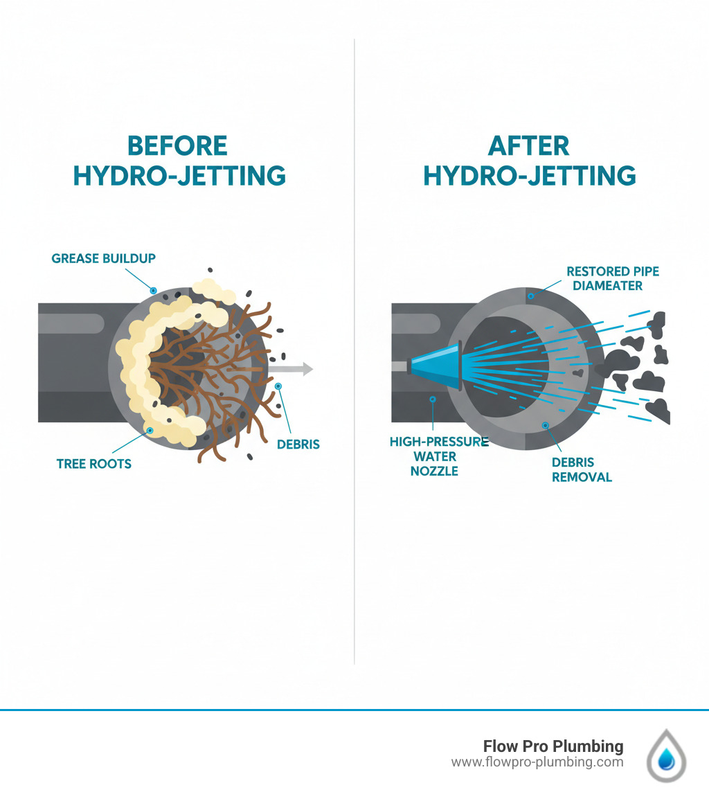 Infographic showing a side-by-side comparison of a clogged sewer pipe with grease buildup and tree roots versus a clean pipe after hydro jetting, with labels indicating high-pressure water nozzle, debris removal, and restored pipe diameter - Hydro jetting sewer line infographic Infographic showing a side-by-side comparison of a clogged sewer pipe with grease buildup and tree roots versus a clean pipe after hydro jetting, with labels indicating high-pressure water nozzle, debris removal, and restored pipe diameter - Hydro jetting sewer line infographic