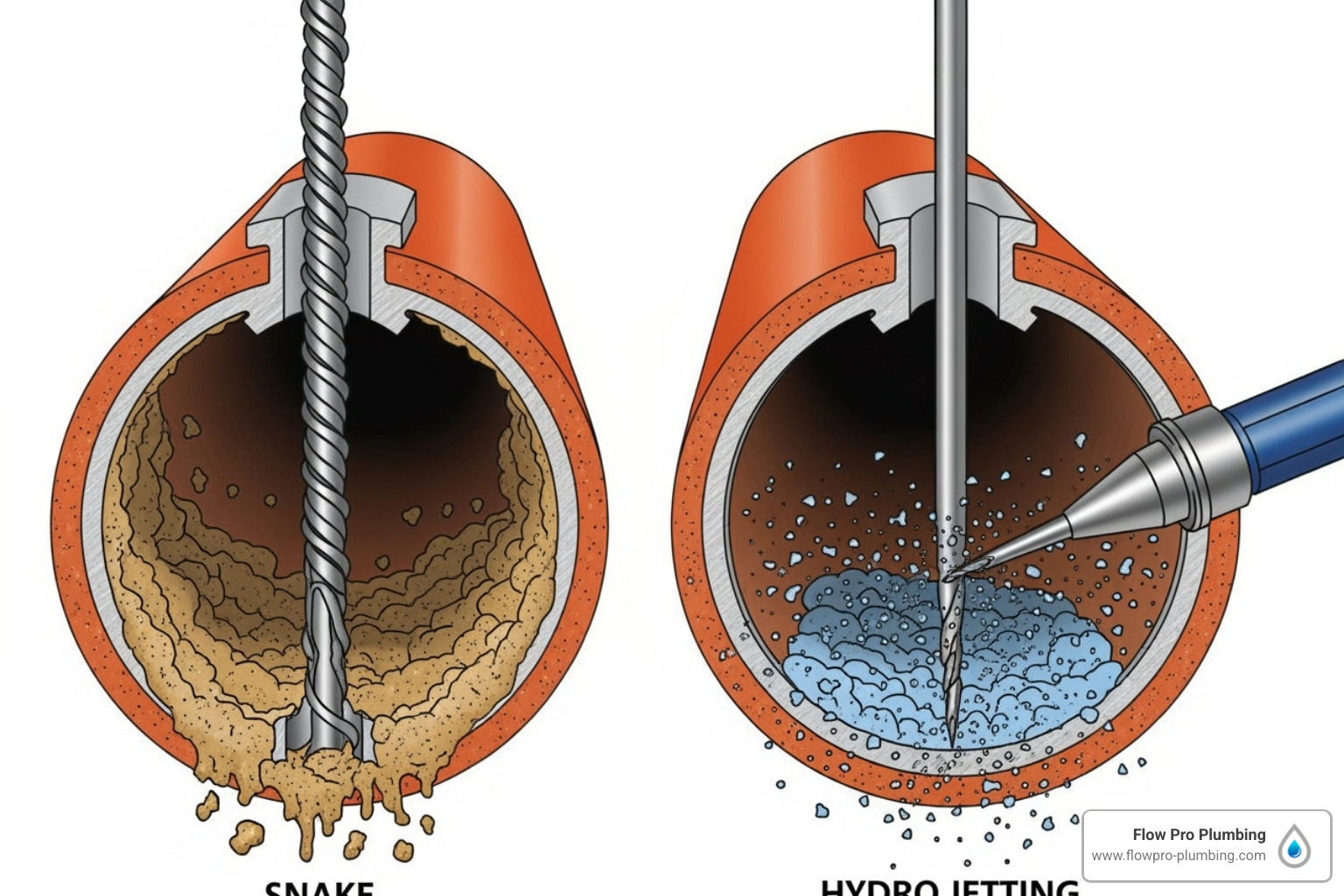 An image showing a drain snake only punching a hole through a blockage, contrasted with a hydro jetting nozzle thoroughly cleaning the entire pipe wall, highlighting the difference in cleaning effectiveness - Hydro jetting sewer line An image showing a drain snake only punching a hole through a blockage, contrasted with a hydro jetting nozzle thoroughly cleaning the entire pipe wall, highlighting the difference in cleaning effectiveness - Hydro jetting sewer line