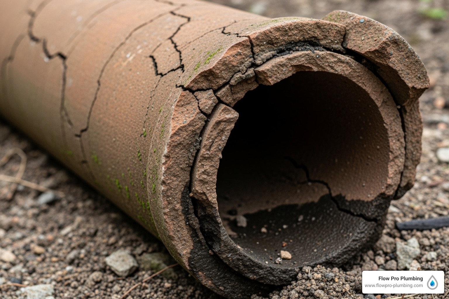 An old, cracked clay pipe, illustrating the type of pipe that might be at risk during hydro jetting - Hydro jetting sewer line An old, cracked clay pipe, illustrating the type of pipe that might be at risk during hydro jetting - Hydro jetting sewer line