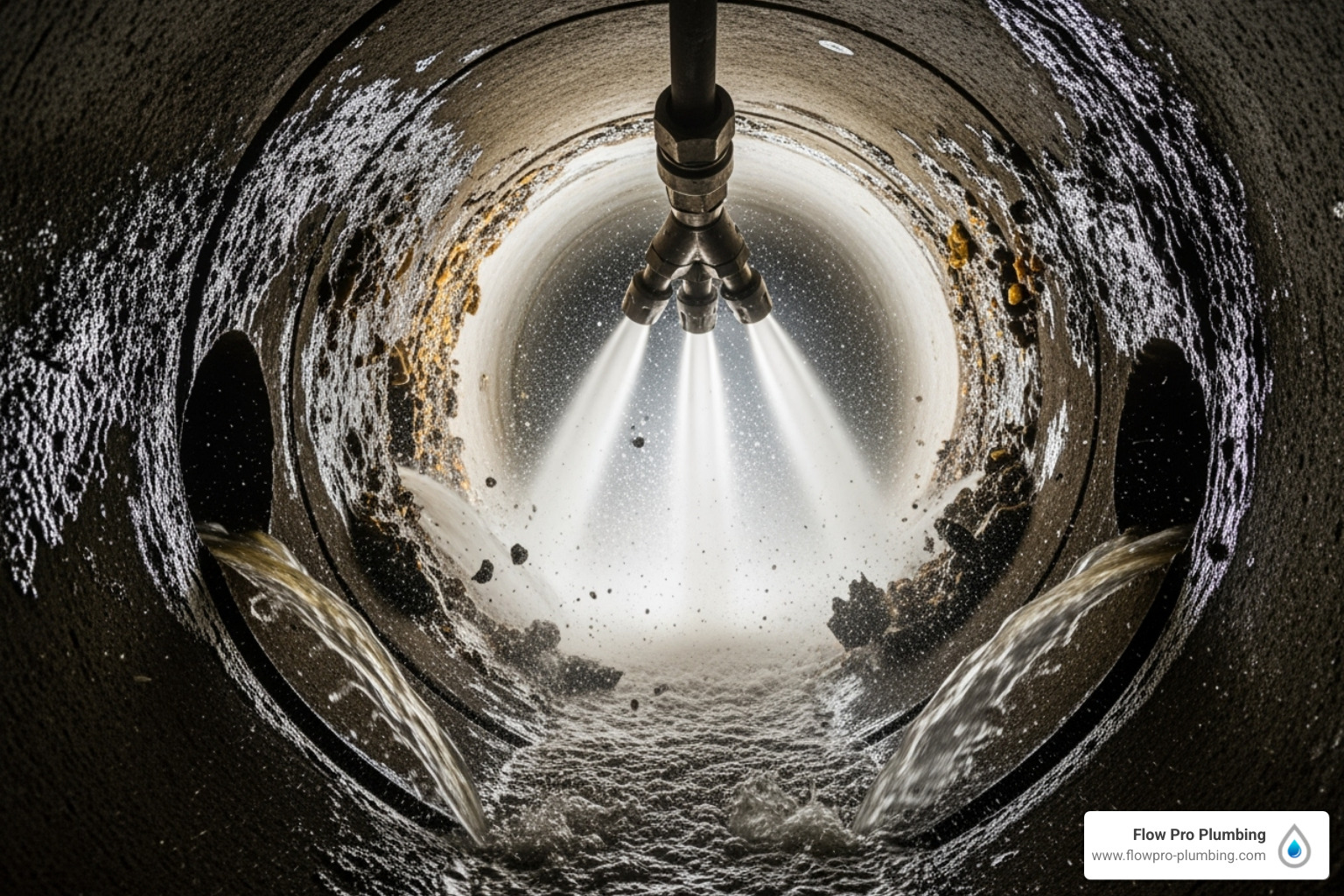 A hydro jetting nozzle spraying high-pressure water inside a pipe, demonstrating the cleaning action - Hydro jetting sewer line A hydro jetting nozzle spraying high-pressure water inside a pipe, demonstrating the cleaning action - Hydro jetting sewer line