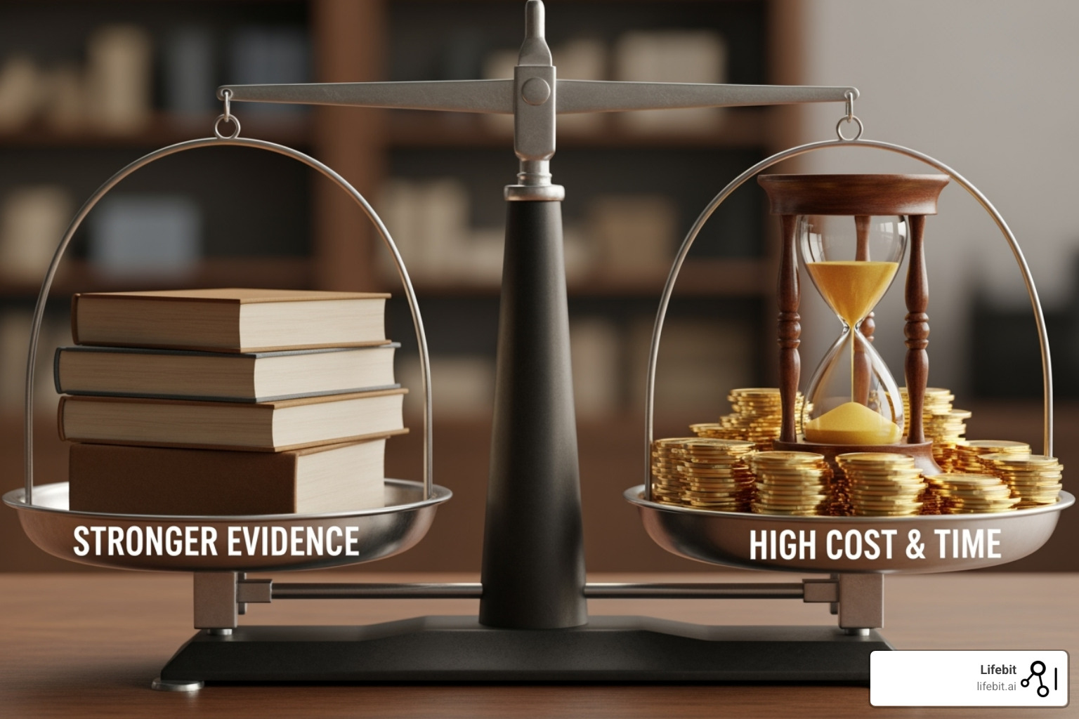 Balance scale weighing "Stronger Evidence" against "High Cost & Time" - prospective cohort analysis Balance scale weighing "Stronger Evidence" against "High Cost & Time" - prospective cohort analysis