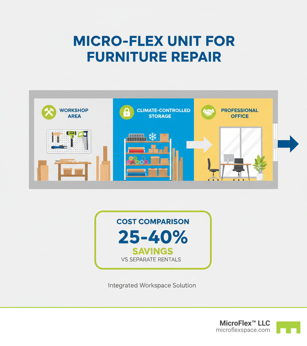 infographic showing a floor plan of a micro-flex unit divided into three zones: workshop area with tools and workbenches, climate-controlled storage for materials and finished pieces, and professional office space for client consultations, with cost comparison showing 25-40% savings versus separate rentals - Microflex Space for Furniture Repair Businesses infographic infographic showing a floor plan of a micro-flex unit divided into three zones: workshop area with tools and workbenches, climate-controlled storage for materials and finished pieces, and professional office space for client consultations, with cost comparison showing 25-40% savings versus separate rentals - Microflex Space for Furniture Repair Businesses infographic