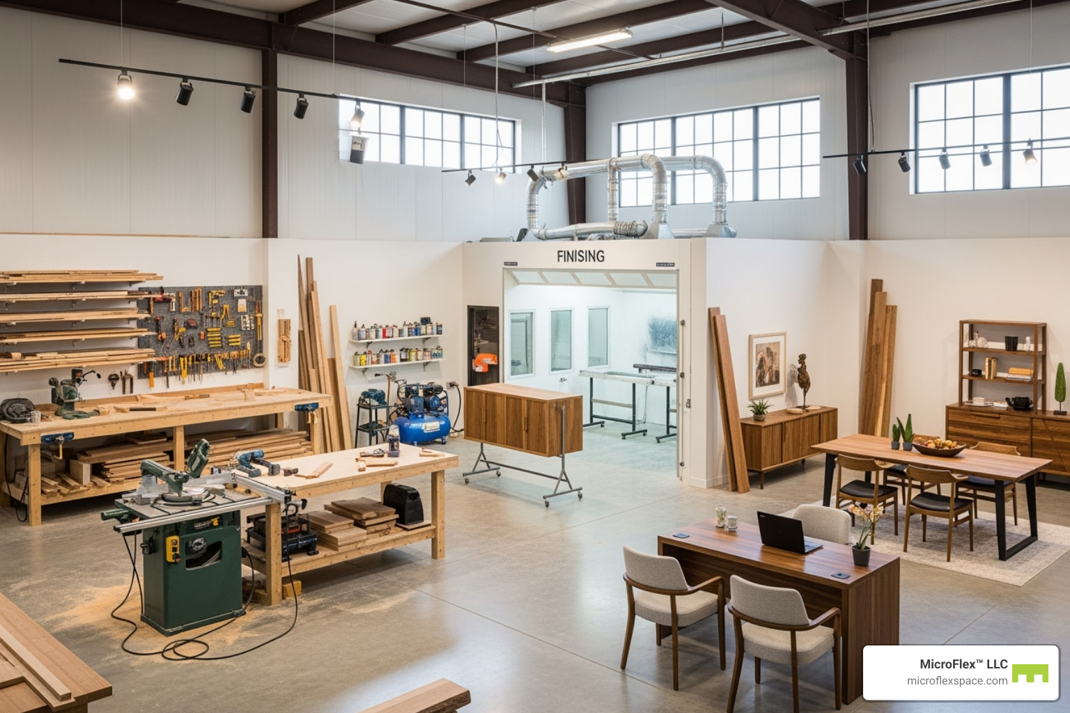 micro-flex space divided into workshop, clean area, and showroom - Microflex Space for Furniture Repair Businesses micro-flex space divided into workshop, clean area, and showroom - Microflex Space for Furniture Repair Businesses