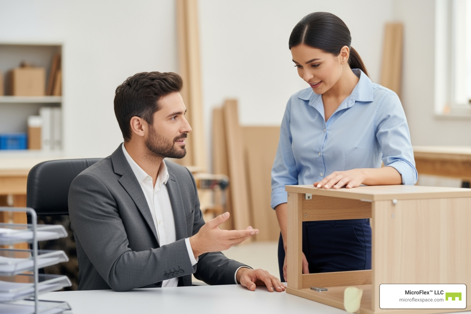 furniture repair professional meeting client - Microflex Space for Furniture Repair Businesses furniture repair professional meeting client - Microflex Space for Furniture Repair Businesses