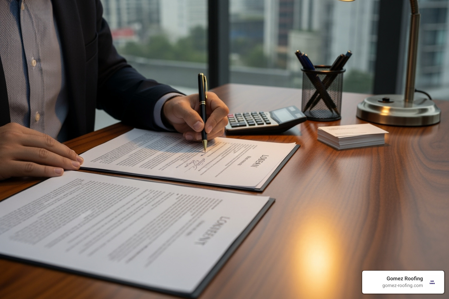 Person signing loan documents at a desk - roof financing Florida