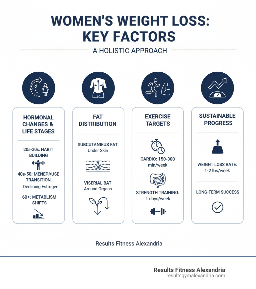 infographic showing the key factors affecting women's weight loss including hormonal changes across life stages (20s-30s showing habit building, 40s-50s showing menopause transition with declining estrogen, 60+ showing metabolism changes), the difference between subcutaneous fat under skin versus visceral fat around organs, recommended weekly exercise targets of 150-300 minutes cardio plus 2 days strength training, and sustainable weight loss rate of 1-2 pounds per week - Women's weight loss infographic 