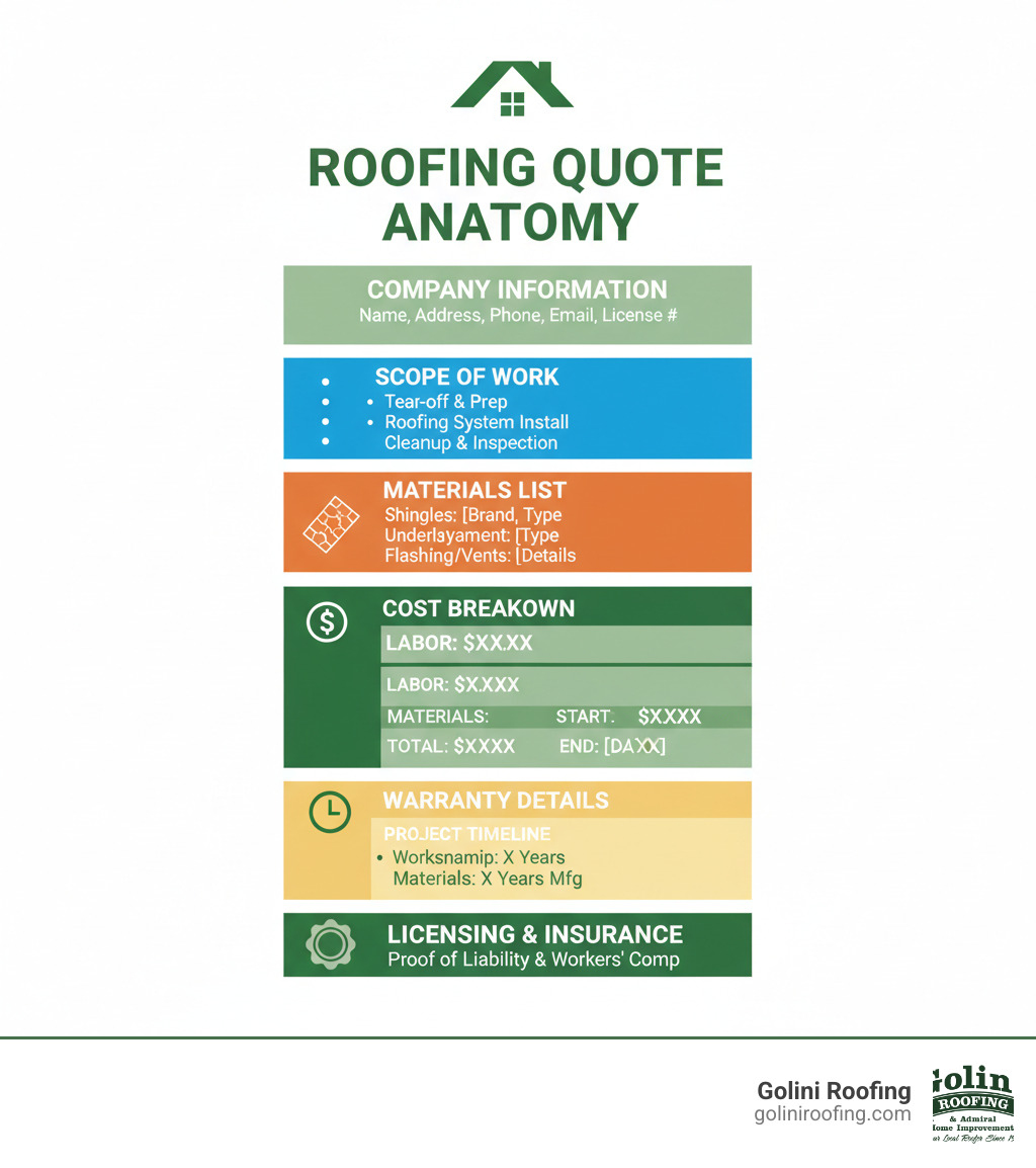 Infographic showing the anatomy of a complete roofing contractor quote with labeled sections: company information at top, detailed scope of work with bullet points for each phase, itemized materials list with product specifications, transparent cost breakdown separating labor and materials, project timeline with start and end dates, warranty details for workmanship and materials, and proof of licensing and insurance at bottom - Roofing contractor quote infographic Infographic showing the anatomy of a complete roofing contractor quote with labeled sections: company information at top, detailed scope of work with bullet points for each phase, itemized materials list with product specifications, transparent cost breakdown separating labor and materials, project timeline with start and end dates, warranty details for workmanship and materials, and proof of licensing and insurance at bottom - Roofing contractor quote infographic