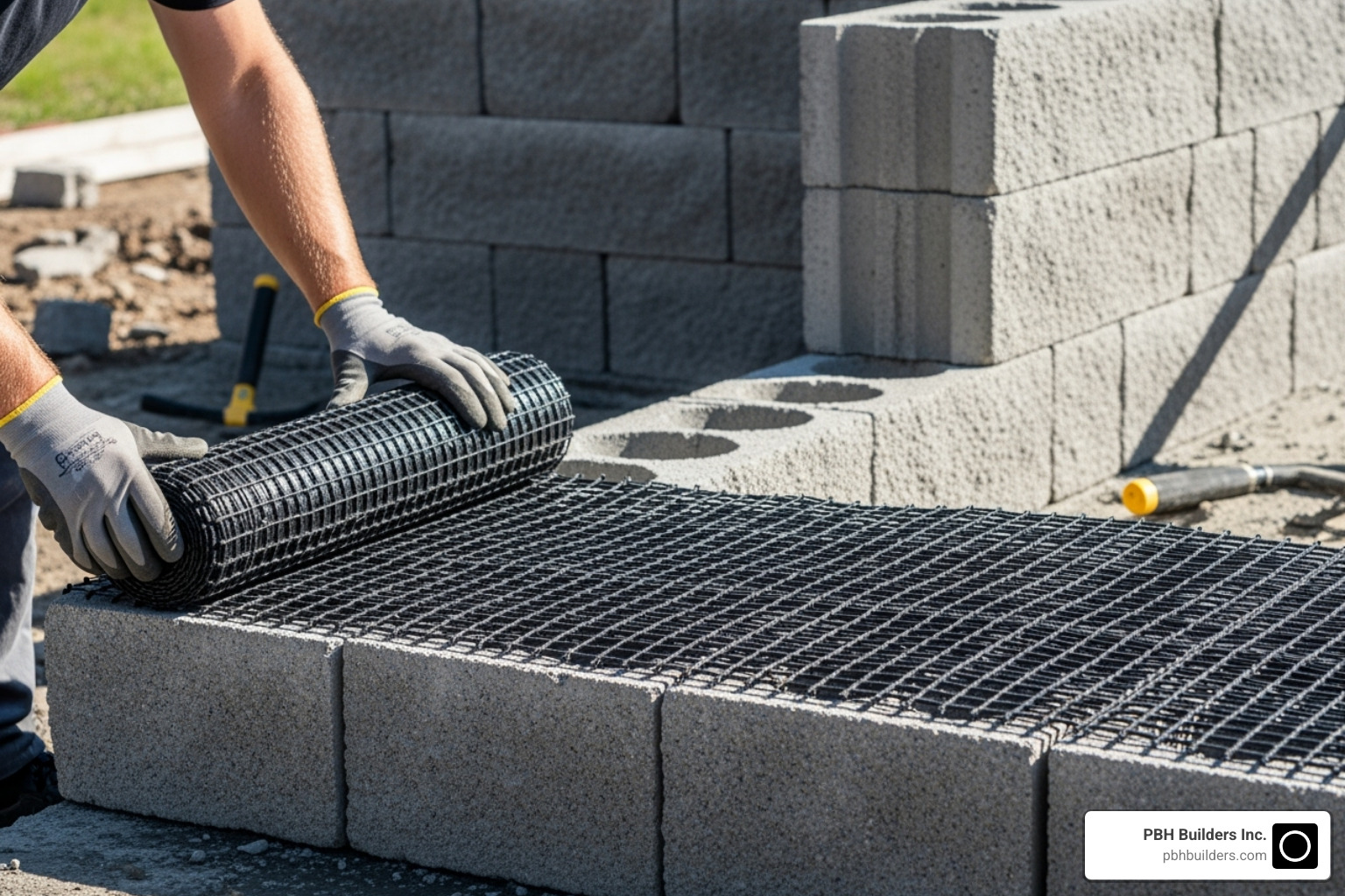 geogrid being installed between courses of blocks - Driveway retaining wall