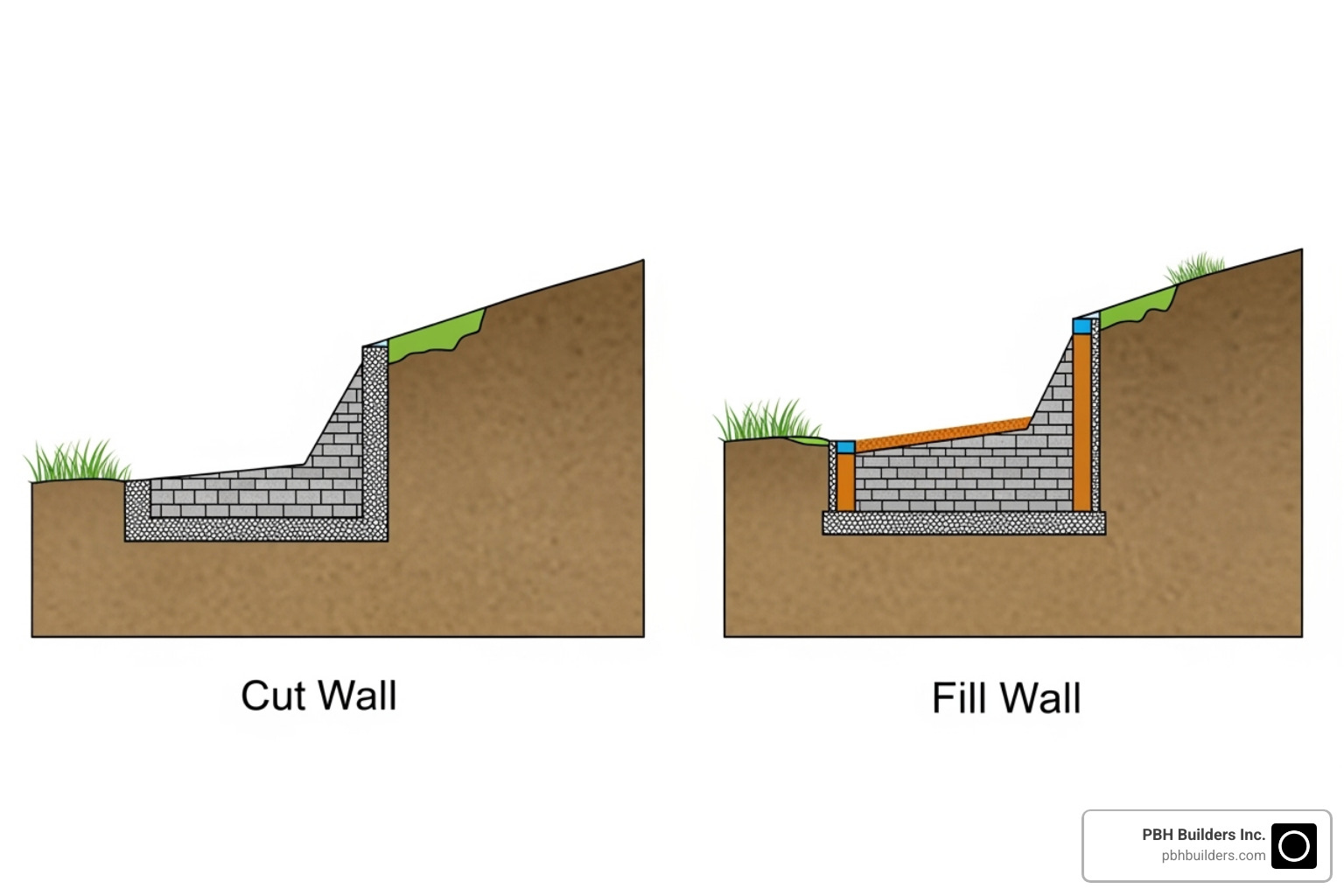 diagram comparing a 'cut' wall carving into a slope and a 'fill' wall building up a driveway - Driveway retaining wall