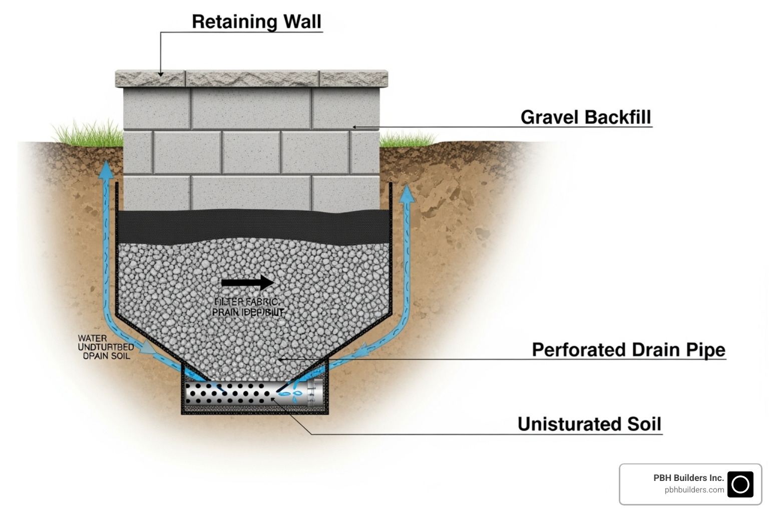 retaining wall cross-section showing drainage components - Driveway retaining wall