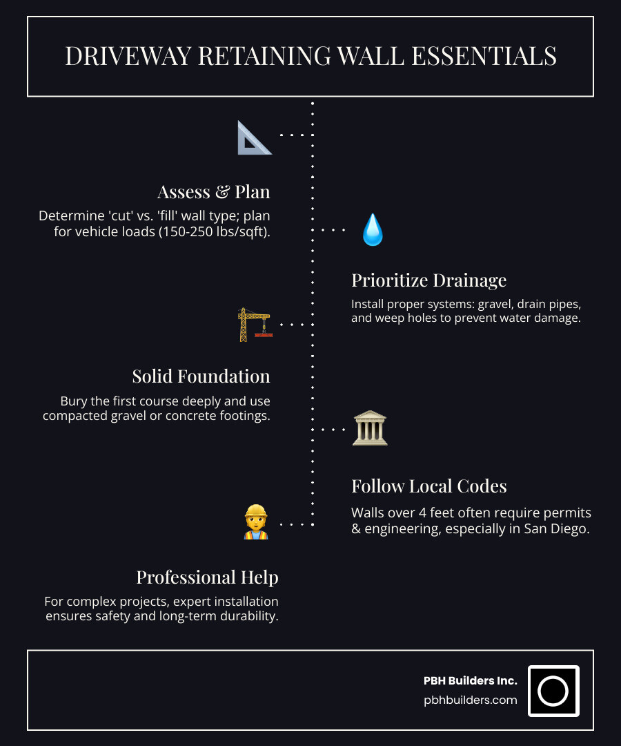 infographic showing cross-section of a driveway retaining wall with labeled components including compacted soil above, vehicle load arrows, retaining wall blocks, drainage gravel behind wall, perforated drain pipe at base, and compacted foundation below - Driveway retaining wall infographic infographic-line-5-steps-dark