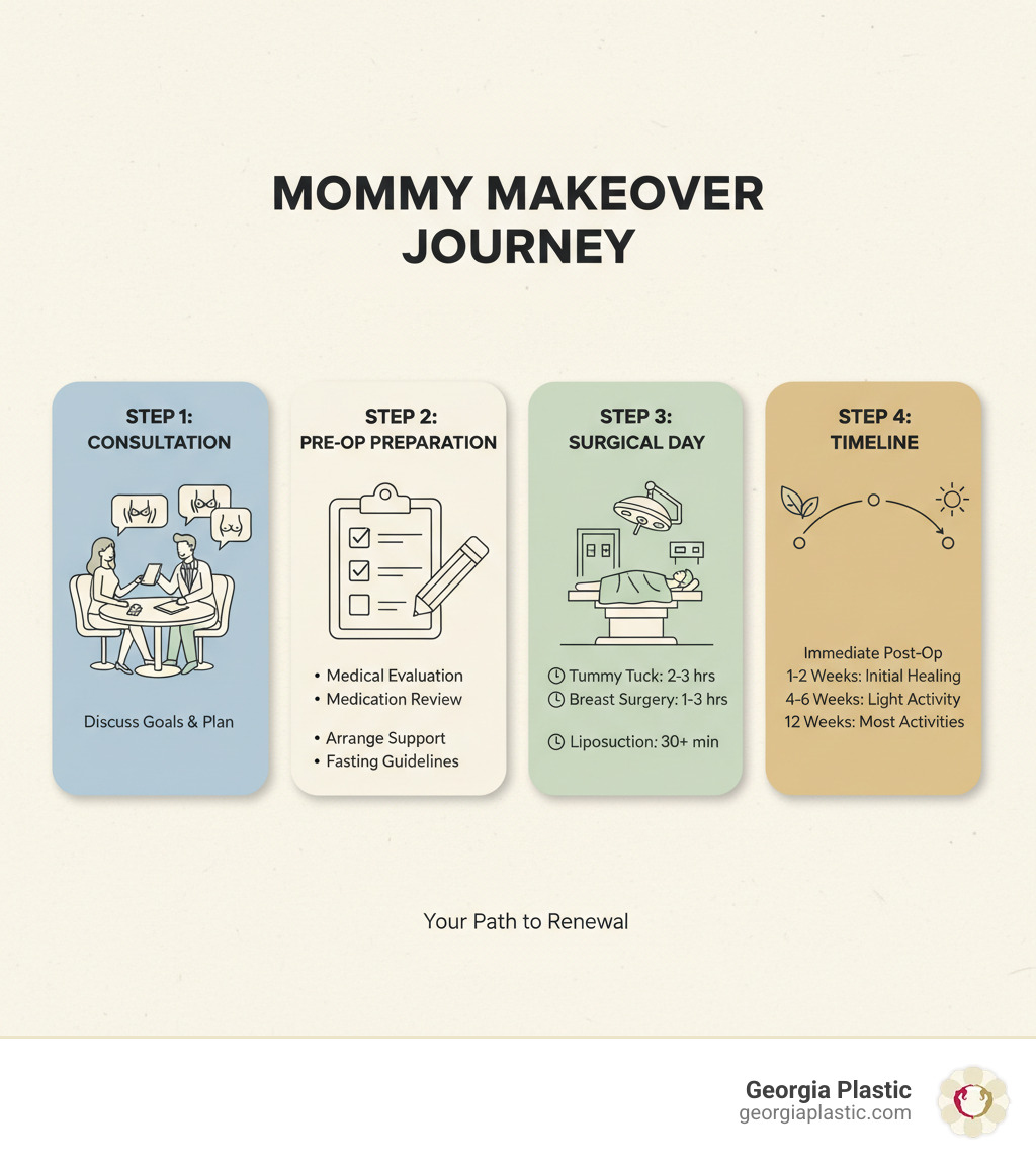 Infographic showing the four main mommy makeover procedure steps: Step 1 shows consultation with doctor and patient discussing goals; Step 2 shows pre-operative preparation with medical evaluation checklist; Step 3 shows surgical suite with common procedures listed (tummy tuck 2-3 hours, breast surgery 1-3 hours, liposuction 30+ minutes); Step 4 shows recovery timeline from immediate post-op through 12 weeks with key milestones marked - mommy makeover procedure steps infographic Infographic showing the four main mommy makeover procedure steps: Step 1 shows consultation with doctor and patient discussing goals; Step 2 shows pre-operative preparation with medical evaluation checklist; Step 3 shows surgical suite with common procedures listed (tummy tuck 2-3 hours, breast surgery 1-3 hours, liposuction 30+ minutes); Step 4 shows recovery timeline from immediate post-op through 12 weeks with key milestones marked - mommy makeover procedure steps infographic