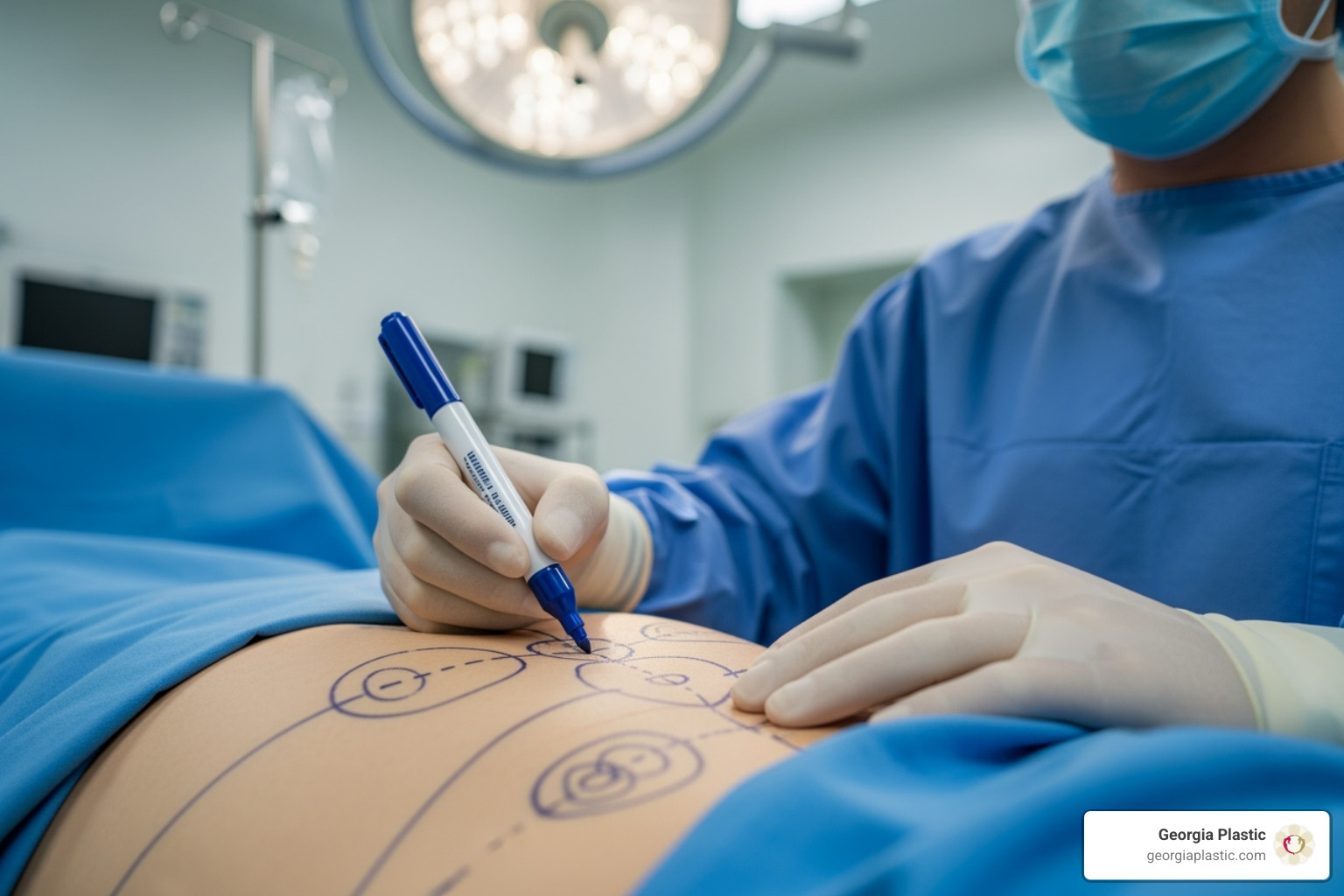 Surgeon making pre-operative markings on a patient - mommy makeover procedure steps Surgeon making pre-operative markings on a patient - mommy makeover procedure steps