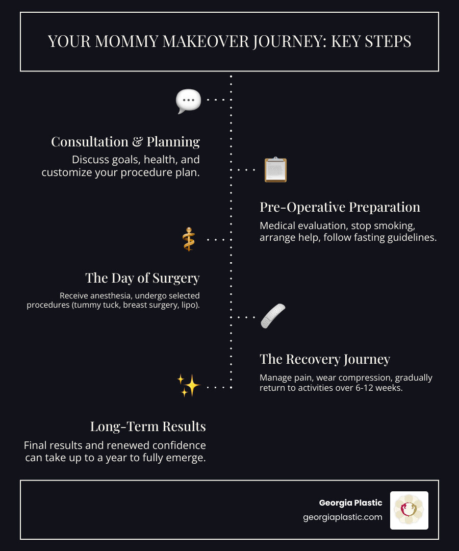 Common areas addressed by a mommy makeover: breasts, abdomen, and hips - mommy makeover procedure steps infographic infographic-line-5-steps-dark Common areas addressed by a mommy makeover: breasts, abdomen, and hips - mommy makeover procedure steps infographic infographic-line-5-steps-dark