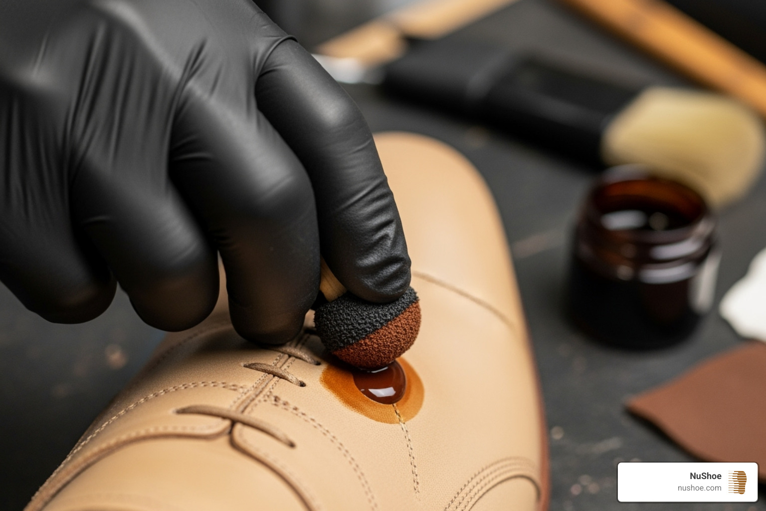 Image of a hand applying leather dye to a shoe using a wool dauber in a circular motion - dyeing leather shoes