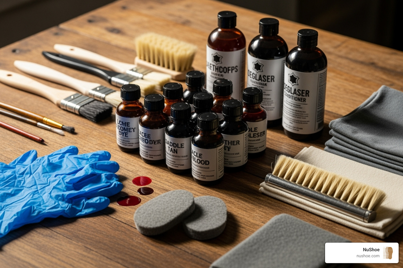 Image of various leather dyeing supplies including bottles of dye, deglazer, conditioner, brushes, and gloves - dyeing leather shoes