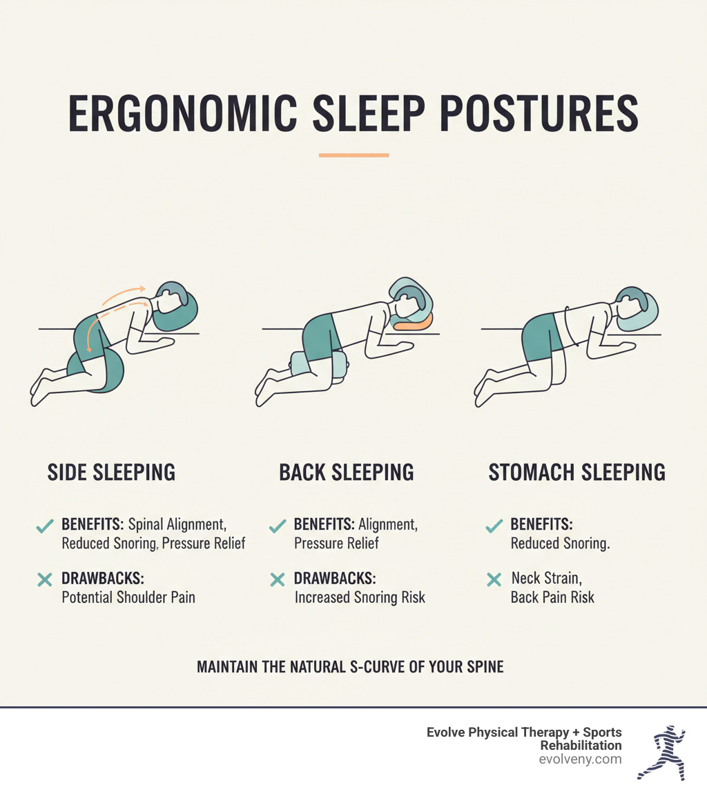 infographic showing three main sleeping positions - side sleeping with pillow between knees and supporting head, back sleeping with pillow under knees, and stomach sleeping with thin pillow - each labeled with key benefits like spinal alignment, reduced snoring, and pressure relief, plus drawbacks like potential shoulder pain, increased snoring risk, and neck strain - ergonomics sleeping posture infographic infographic showing three main sleeping positions - side sleeping with pillow between knees and supporting head, back sleeping with pillow under knees, and stomach sleeping with thin pillow - each labeled with key benefits like spinal alignment, reduced snoring, and pressure relief, plus drawbacks like potential shoulder pain, increased snoring risk, and neck strain - ergonomics sleeping posture infographic