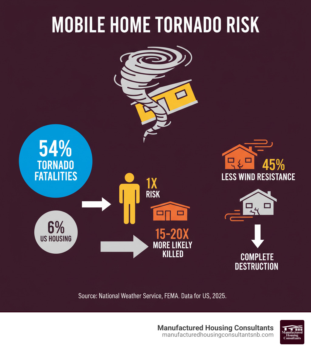 infographic showing mobile home tornado risk statistics: 54% of tornado housing fatalities occur in mobile homes which represent only 6% of US housing stock, with residents 15-20 times more likely to be killed compared to permanent homes, and complete destruction expected at wind loads 45% lower than permanent homes - storm shelter mobile home infographic infographic showing mobile home tornado risk statistics: 54% of tornado housing fatalities occur in mobile homes which represent only 6% of US housing stock, with residents 15-20 times more likely to be killed compared to permanent homes, and complete destruction expected at wind loads 45% lower than permanent homes - storm shelter mobile home infographic