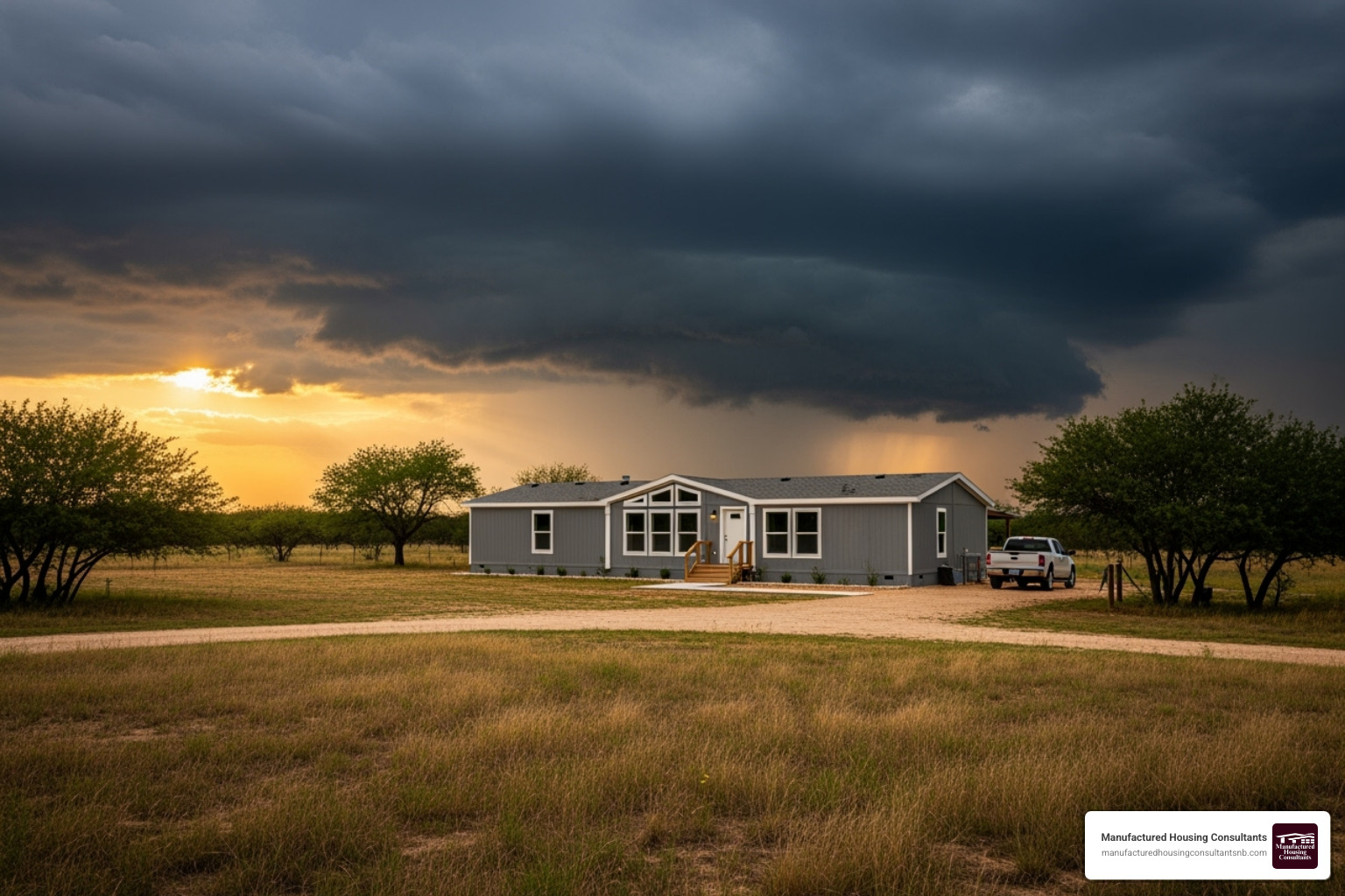 modern manufactured home in Texas with storm clouds - storm shelter mobile home modern manufactured home in Texas with storm clouds - storm shelter mobile home