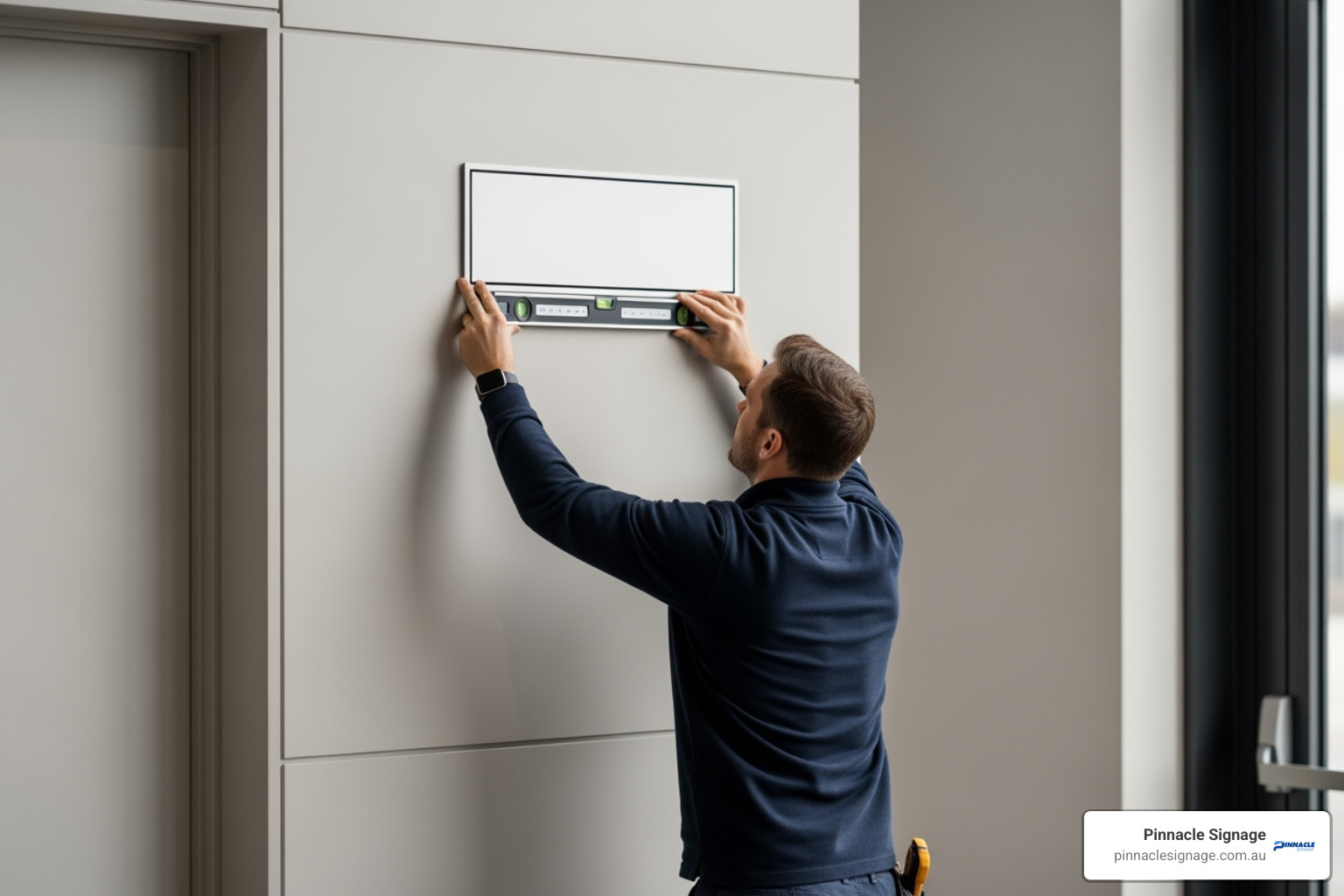 A person installing a sign on a wall, demonstrating correct height and placement for optimal visibility in a commercial setting - Exit & Entry Signage