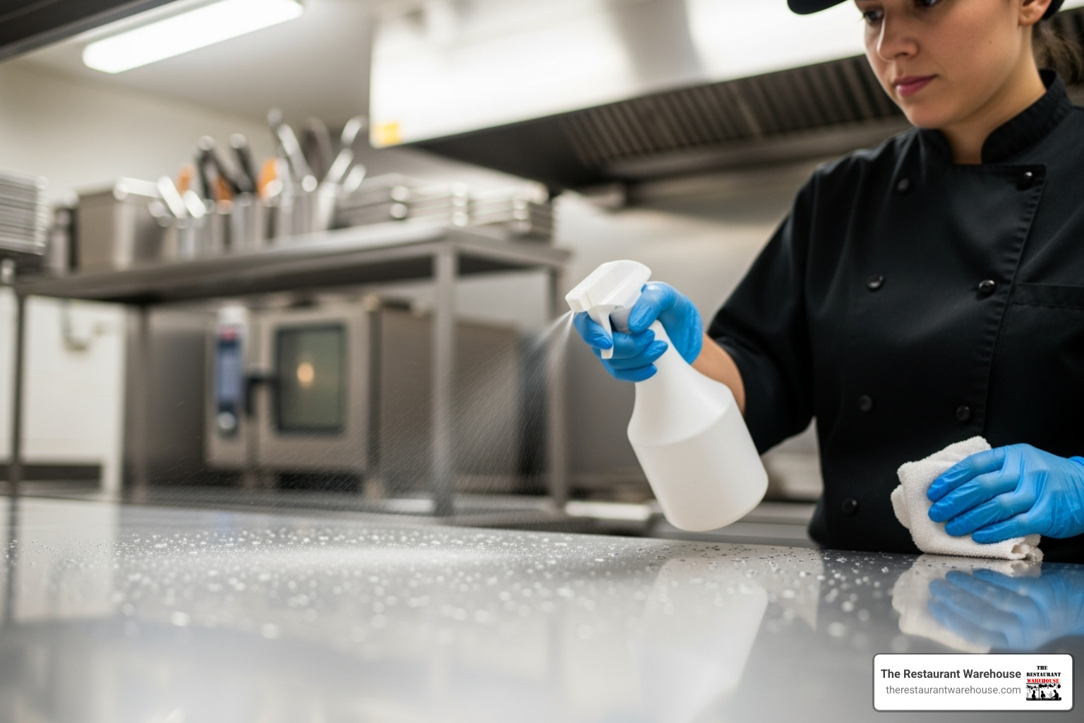 staff member applying disinfectant spray to a stainless steel countertop - Disinfectant spray commercial