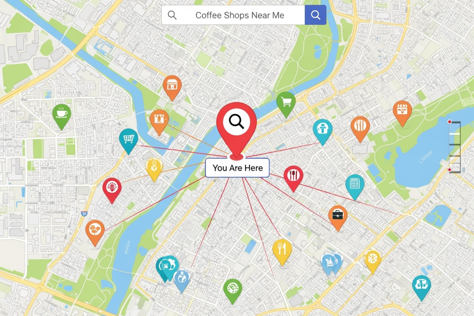 Map with pins illustrating business proximity to a searcher - Local search ranking