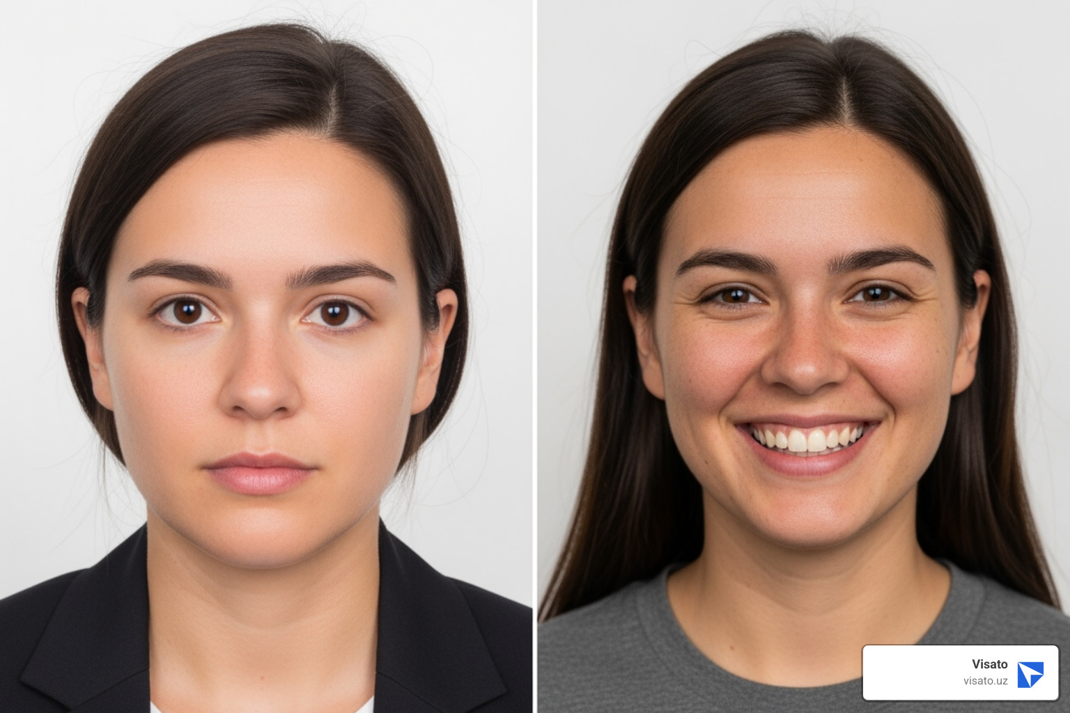 comparing a correct passport-style photo with an incorrect one (e.g., smiling, background color wrong) - evisa.mfa.uz check visa status comparing a correct passport-style photo with an incorrect one (e.g., smiling, background color wrong) - evisa.mfa.uz check visa status