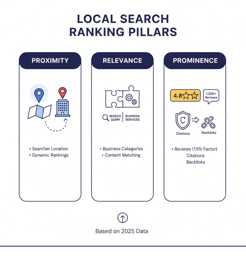 Infographic showing the three pillars of local search ranking: Proximity (illustrated with a map pin showing searcher location to business), Relevance (illustrated with matching puzzle pieces between search query and business services), and Prominence (illustrated with star ratings, review counts, and citation icons). Each pillar shows key metrics: Proximity affects dynamic rankings based on searcher location, Relevance is determined by business categories and content matching, and Prominence is built through reviews (15% of ranking factors), citations, and backlinks. - Local search ranking infographic 