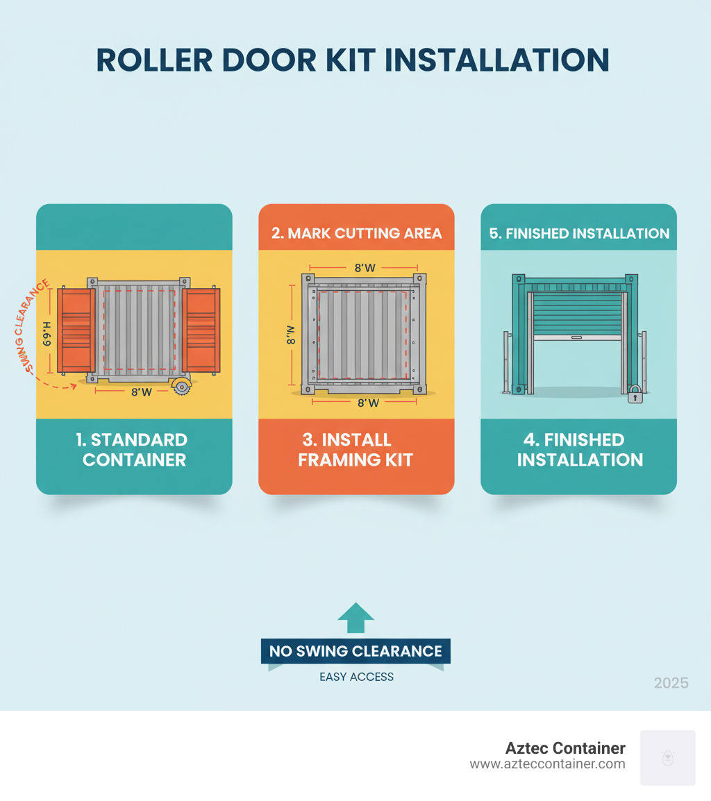 Infographic showing the installation process for a shipping container roller door kit: 1) Standard container with heavy cargo doors requiring swing clearance, 2) Marked cutting area on sidewall with measurements, 3) Framing kit installed around opening, 4) Roller door mounted in guide rails, 5) Finished installation with smooth-rolling door and no swing clearance needed - shipping container roller door kit infographic 
