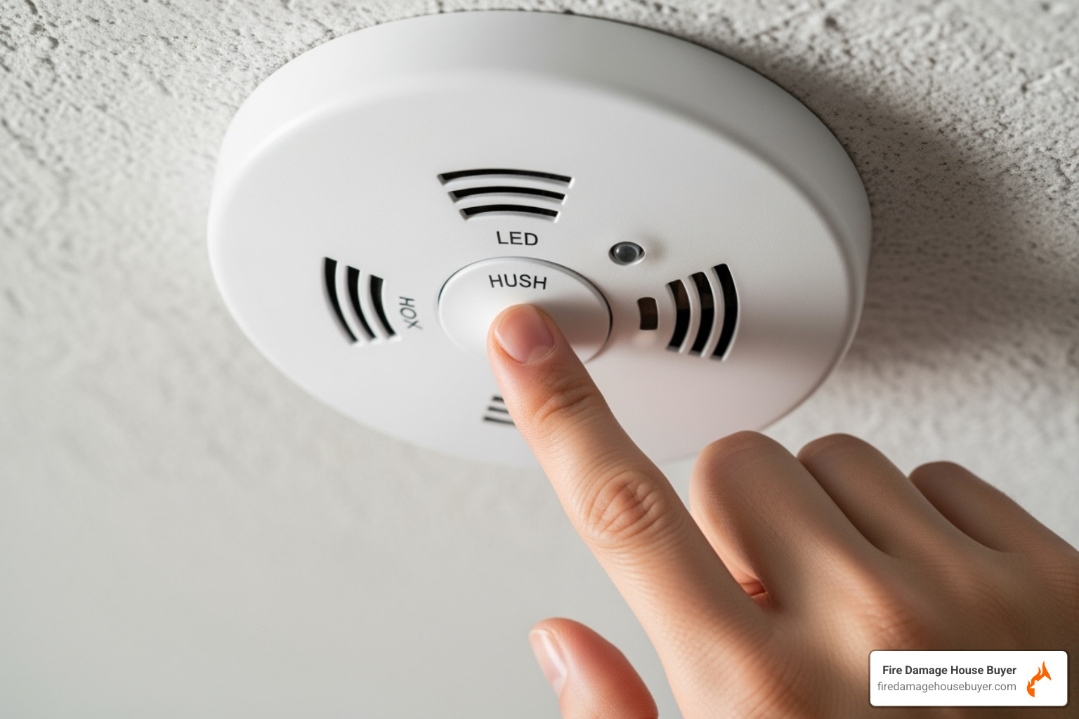 person pressing hush button on smoke detector - how to turn off house fire alarm​