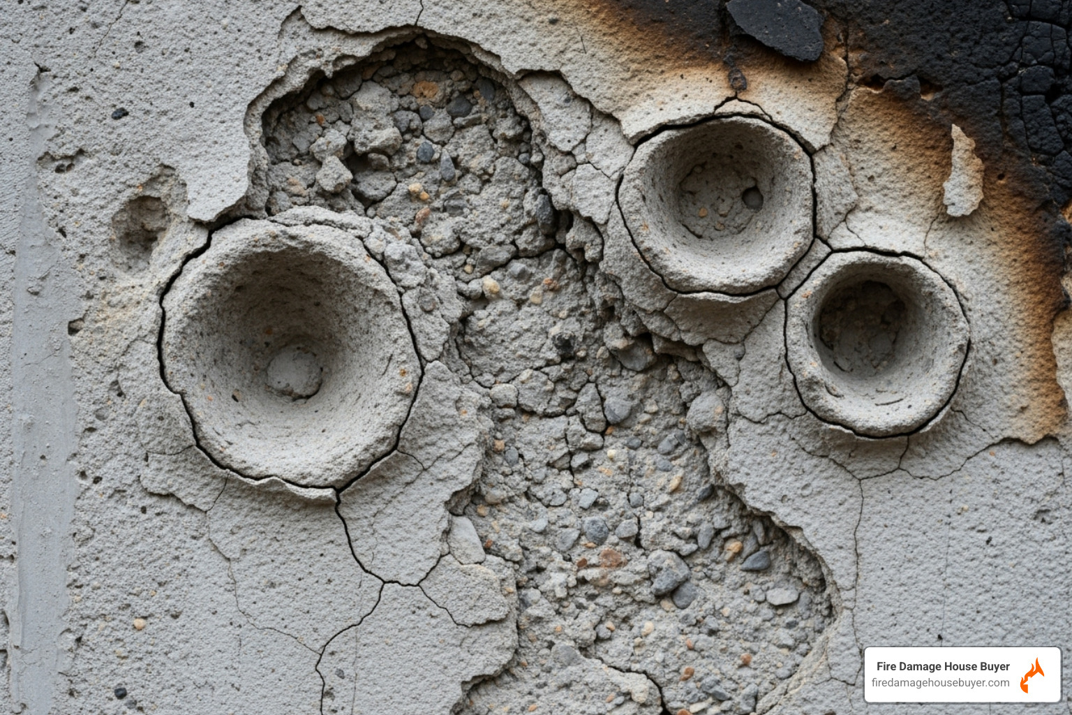 spalling on a fire-damaged concrete wall - do concrete houses burn
