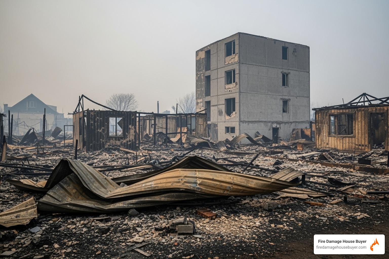fire-ravaged neighborhood with standing concrete structure - do concrete houses burn