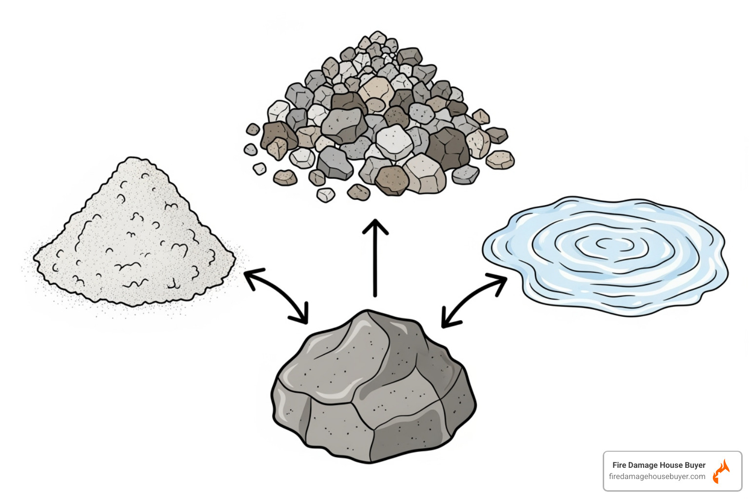 diagram showing the components of concrete: cement, aggregate, and water - do concrete houses burn
