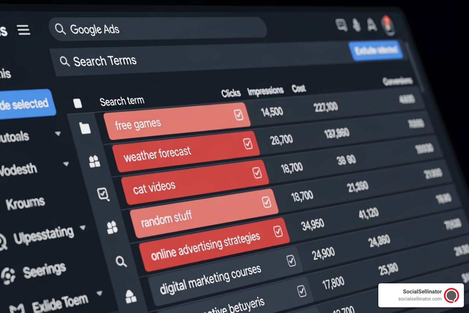 Search Terms Report in Google Ads highlighting irrelevant queries - standard shopping campaigns Search Terms Report in Google Ads highlighting irrelevant queries - standard shopping campaigns