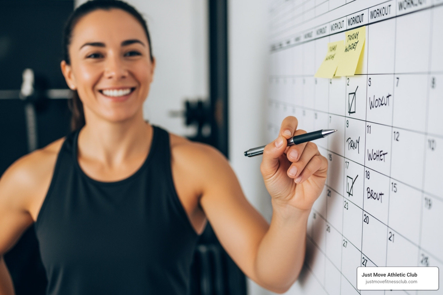 A person happily checking off a completed workout on their calendar - group fitness schedule