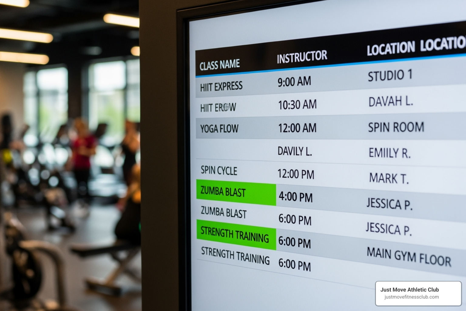 A close-up image of a digital class schedule with highlighted class name, time, instructor, and location - group fitness schedule