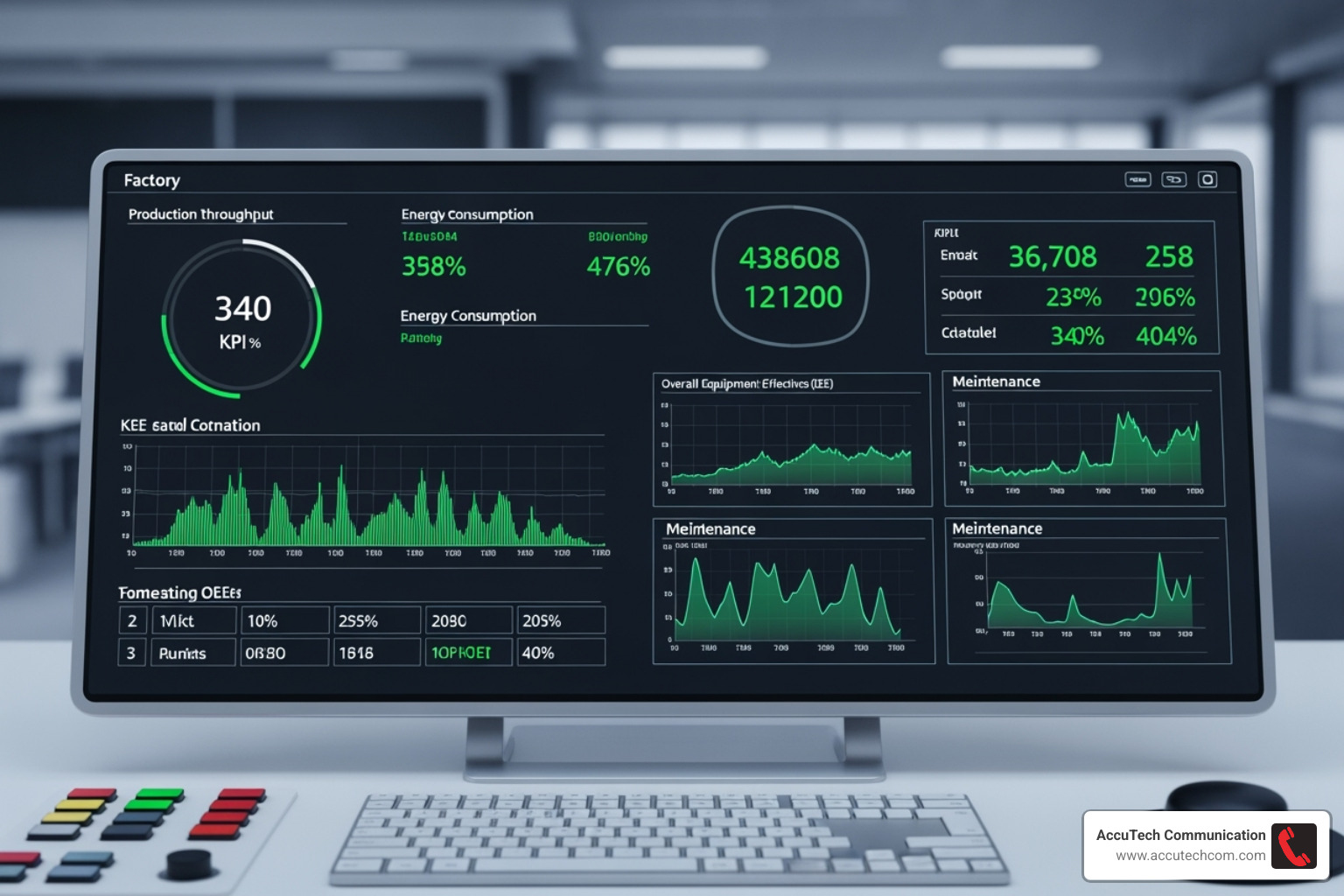 Dashboard showing real-time factory KPIs, including production throughput, energy consumption, OEE, and maintenance schedules, with green indicators for optimal performance - industrial data solutions