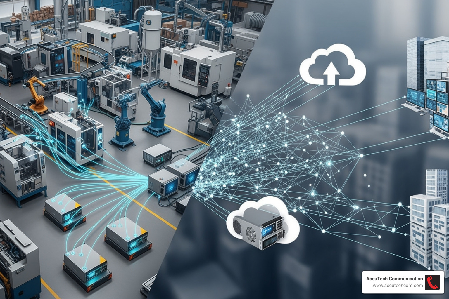 Image illustrating the convergence of IT and OT systems, with data flowing from factory floor sensors and machinery through edge devices and data historians to cloud analytics platforms and enterprise systems - industrial data solutions