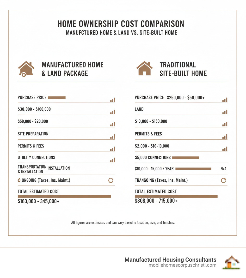 Infographic comparing the cost breakdown of a manufactured home and land package versus a traditional site-built home, showing purchase price, land costs, site preparation, permits and fees, utility connections, transportation and installation, and ongoing costs like taxes, insurance and maintenance for both options - trailer house and land for sale infographic 