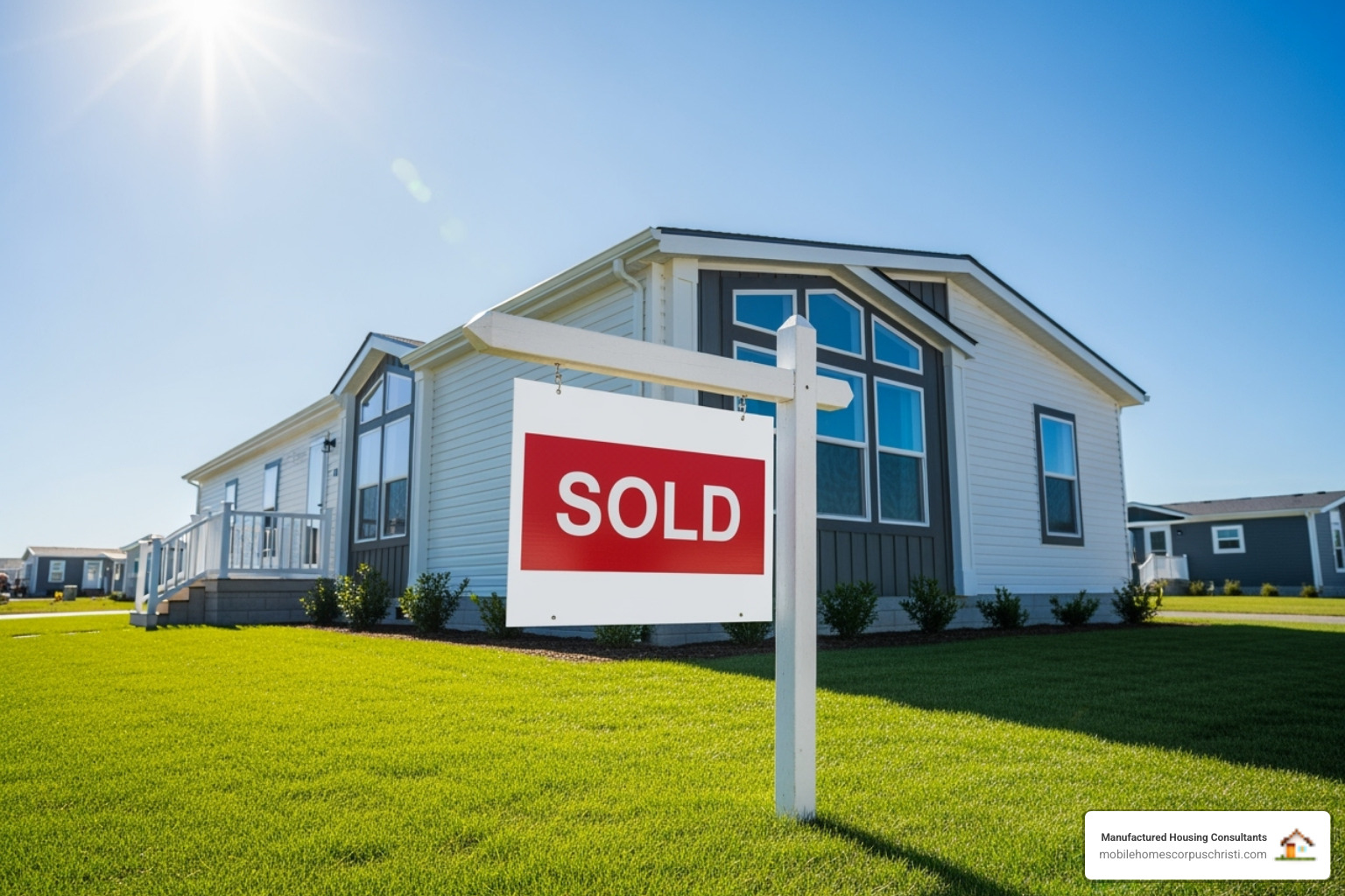 Sold sign in front of a new manufactured home - trailer house and land for sale