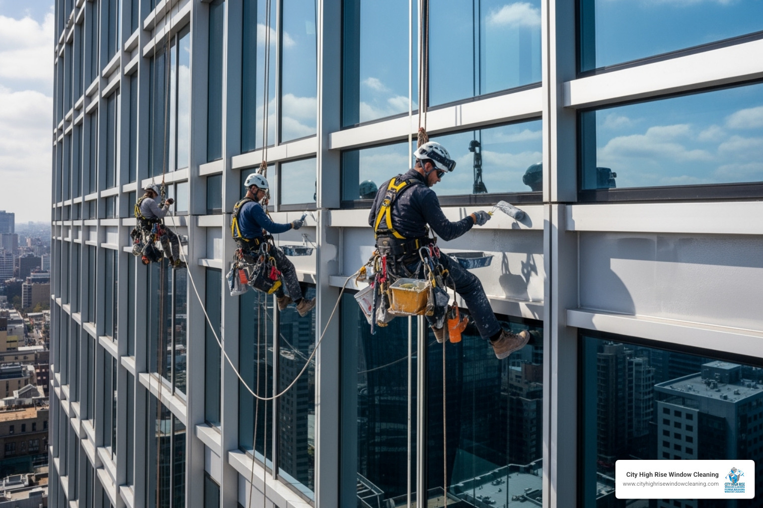 rope access technicians painting a modern glass and steel building - high rise painting rope access technicians painting a modern glass and steel building - high rise painting