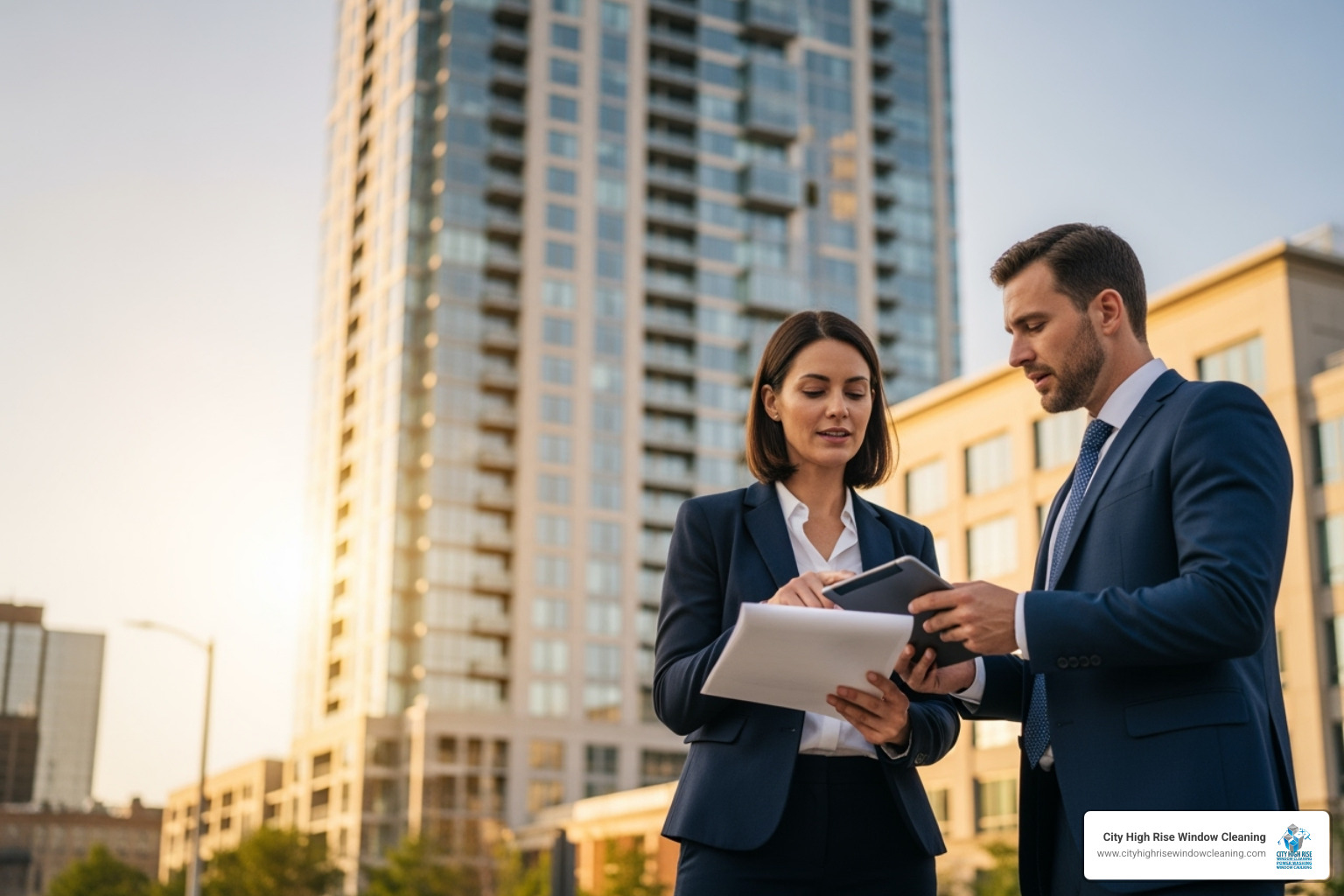 project manager discussing plans with a building manager in front of a high-rise in New Jersey - high rise painting project manager discussing plans with a building manager in front of a high-rise in New Jersey - high rise painting