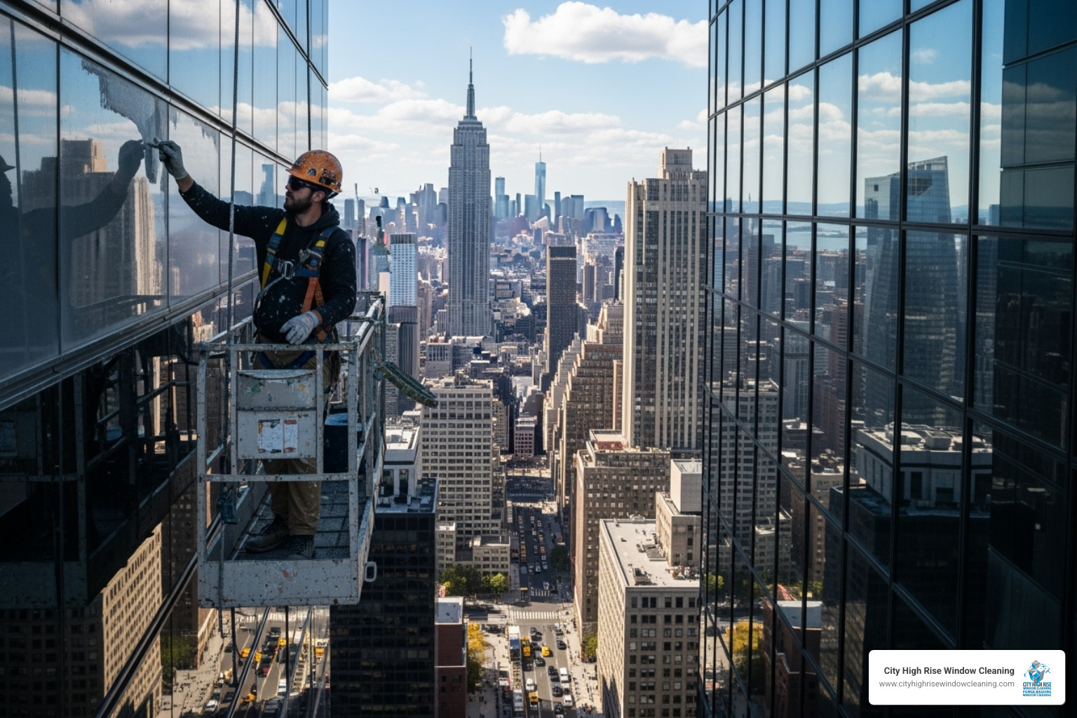 painter on a swing stage working on a tall building in New York City - high rise painting painter on a swing stage working on a tall building in New York City - high rise painting
