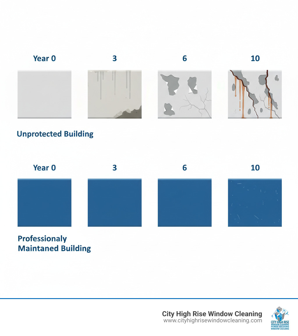 Infographic showing the progression of building facade deterioration over 10 years: Year 0 shows a pristine painted surface; Year 3 shows minor UV fading and dirt accumulation; Year 6 shows paint peeling, moisture intrusion, and early concrete cracking on an unpainted building vs. minimal wear on a professionally painted building; Year 10 shows severe spalling, rust stains, and structural damage on the unpainted building vs. intact protective coating and preserved appearance on the professionally maintained building - high rise painting infographic Infographic showing the progression of building facade deterioration over 10 years: Year 0 shows a pristine painted surface; Year 3 shows minor UV fading and dirt accumulation; Year 6 shows paint peeling, moisture intrusion, and early concrete cracking on an unpainted building vs. minimal wear on a professionally painted building; Year 10 shows severe spalling, rust stains, and structural damage on the unpainted building vs. intact protective coating and preserved appearance on the professionally maintained building - high rise painting infographic