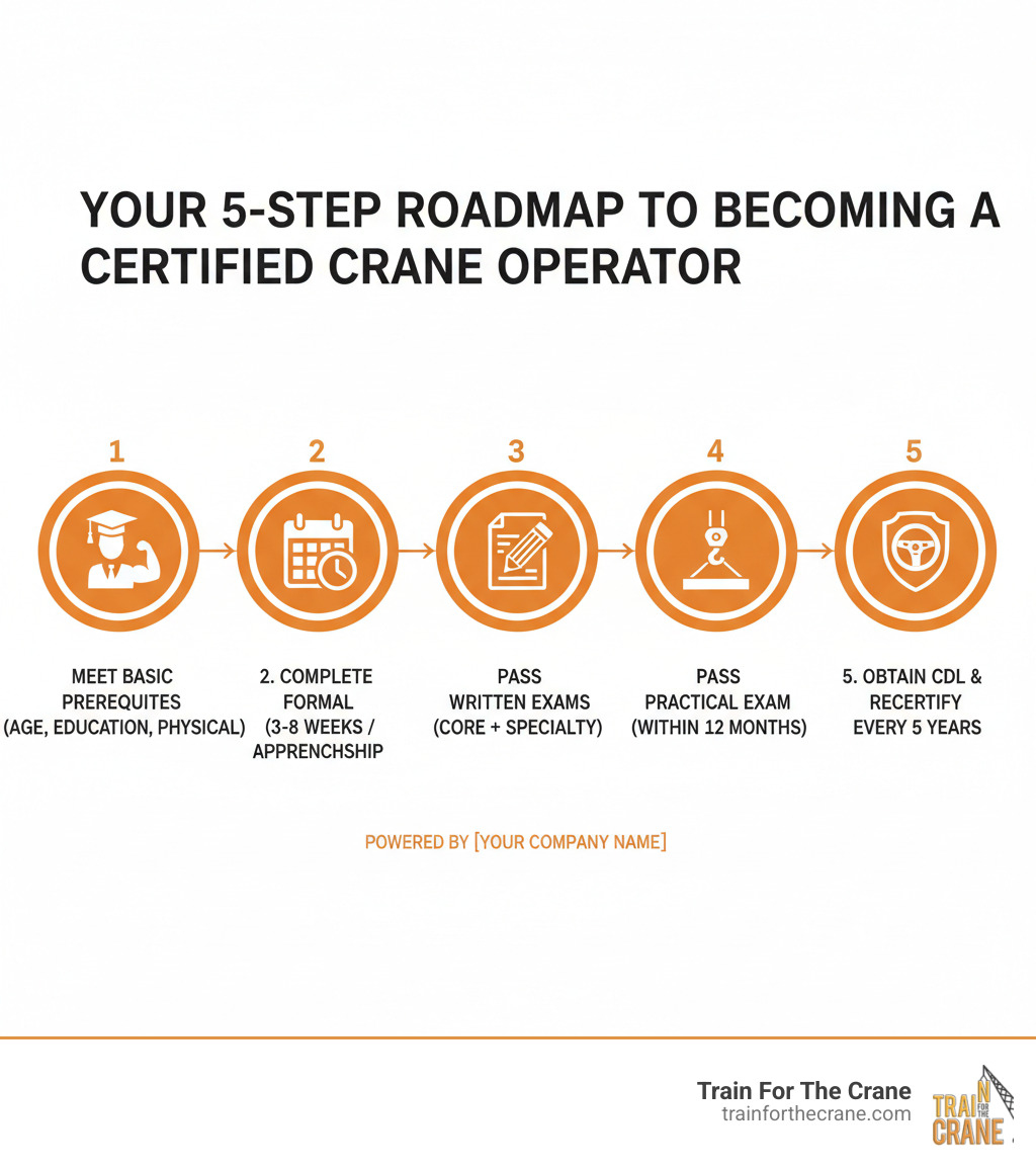 infographic showing the 5-step process to becoming a certified crane operator: 1) Meet basic prerequisites (age, education, physical requirements), 2) Complete formal training program (3-8 weeks intensive or apprenticeship), 3) Pass NCCCO written exams (core plus specialty), 4) Pass NCCCO practical exam within 12 months, 5) Obtain CDL and recertify every 5 years - crane operator job requirements infographic infographic showing the 5-step process to becoming a certified crane operator: 1) Meet basic prerequisites (age, education, physical requirements), 2) Complete formal training program (3-8 weeks intensive or apprenticeship), 3) Pass NCCCO written exams (core plus specialty), 4) Pass NCCCO practical exam within 12 months, 5) Obtain CDL and recertify every 5 years - crane operator job requirements infographic