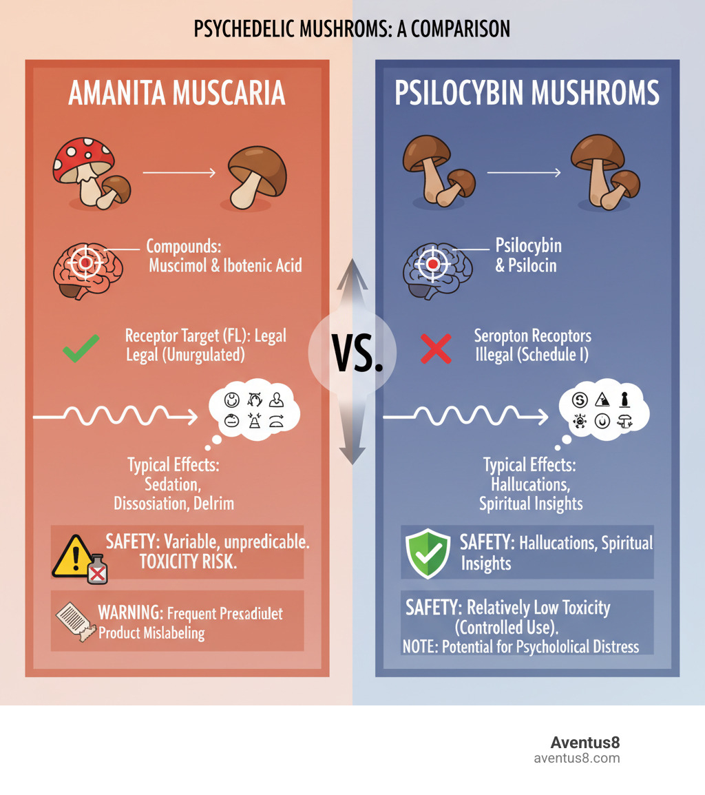 infographic comparing Amanita muscaria compounds (muscimol and ibotenic acid) versus psilocybin mushrooms (psilocybin and psilocin), showing different receptor targets, legal status in Florida, typical effects, and safety profiles with warning icons for mislabeled products - amanita psychedelic gummies infographic infographic comparing Amanita muscaria compounds (muscimol and ibotenic acid) versus psilocybin mushrooms (psilocybin and psilocin), showing different receptor targets, legal status in Florida, typical effects, and safety profiles with warning icons for mislabeled products - amanita psychedelic gummies infographic