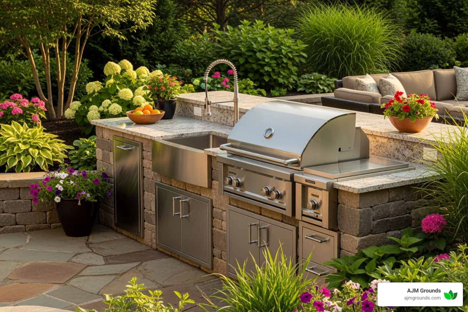 Modern outdoor kitchen integrated into a stone patio - Patio design Burlington MA