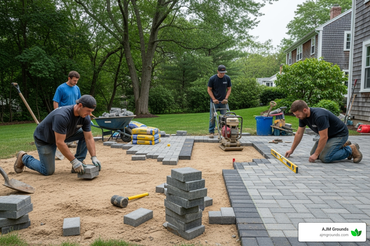 Professional hardscaping crew laying pavers - Patio design Burlington MA