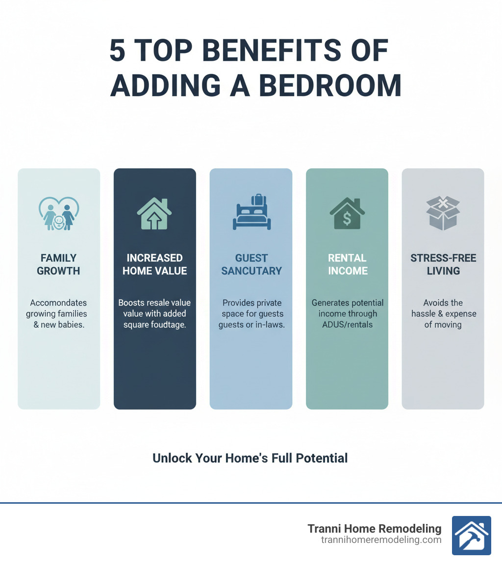 Infographic showing the top 5 benefits of adding a bedroom: 1) Accommodates growing families and new babies, 2) Increases home resale value by adding square footage, 3) Creates private space for guests or in-laws, 4) Generates rental income potential through ADUs, 5) Avoids the hassle and expense of moving to a larger home - bedroom addition contractor infographic 